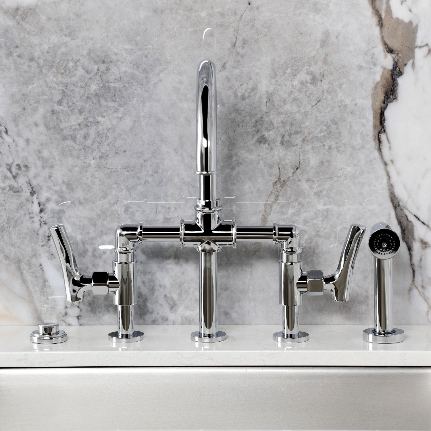 Kingston Sona KS2331TKL - Hallerbos Two-Handle 4-Hole Deck Mount Bridge Kitchen Faucet with Brass Sprayer, Polished Chrome — thumbnail 3